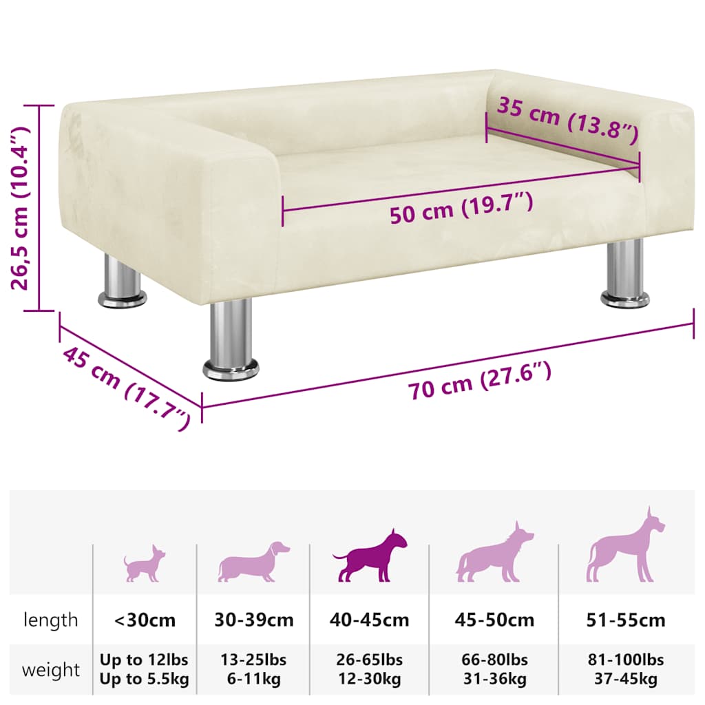 Cama para cães 70x45x26,5 cm veludo cor creme
