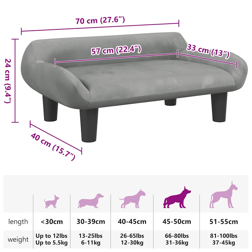 Cama para cães 70x40x24 cm veludo cinzento-claro