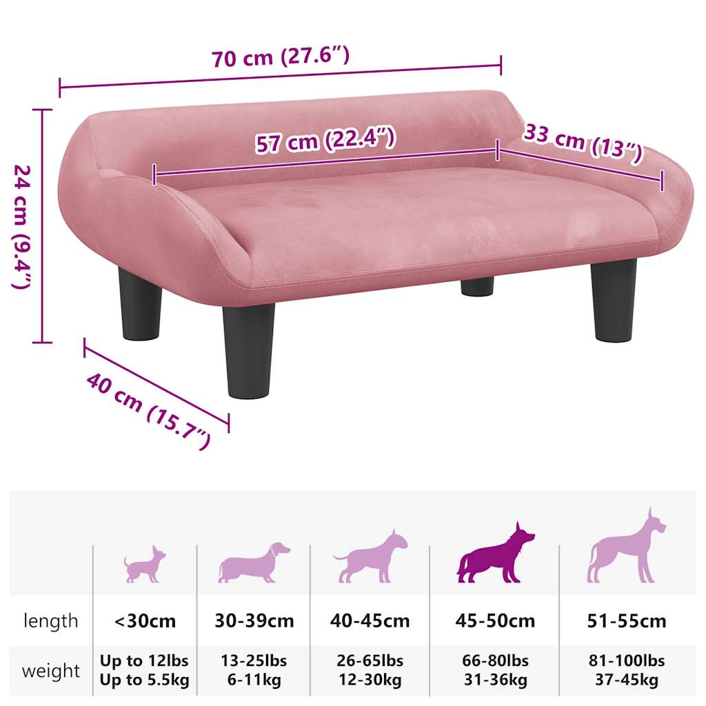 Cama para cães 70x40x24 cm veludo rosa