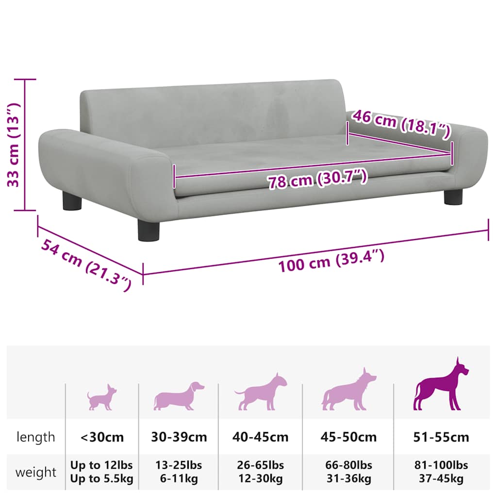 Cama para cães 100x54x33 cm veludo cinzento-claro