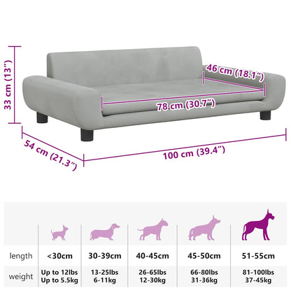 Cama para cães 100x54x33 cm veludo cinzento-claro