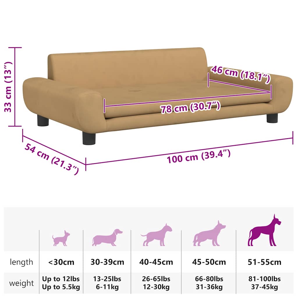Cama para cães 100x54x33 cm veludo castanho