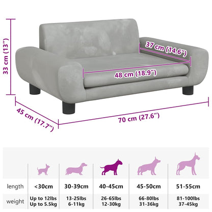 Cama para cães 70x45x33 cm veludo cinzento-claro