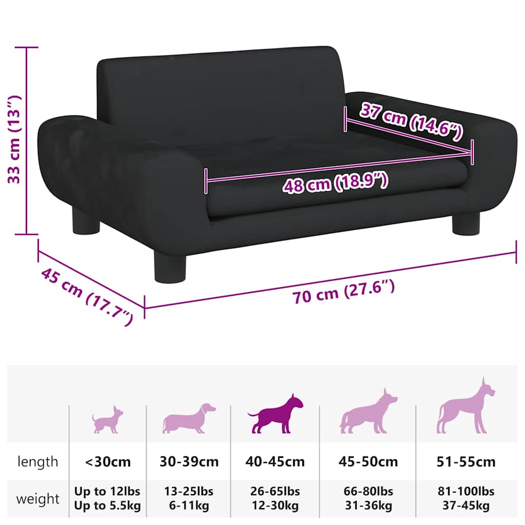 Cama para cães 70x45x33 cm veludo preto