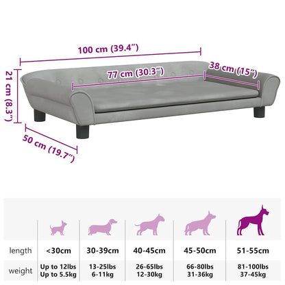 Cama para cães 100x50x21 cm veludo cinzento-claro
