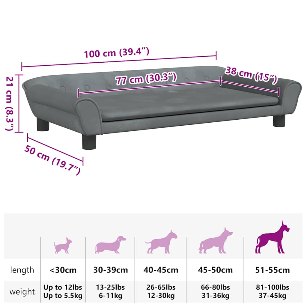 Cama para cães 100x50x21 cm veludo cinzento-escuro