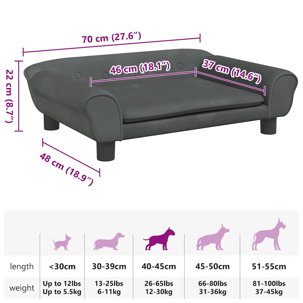 Cama para cães 70x48x22 cm veludo cinzento-escuro