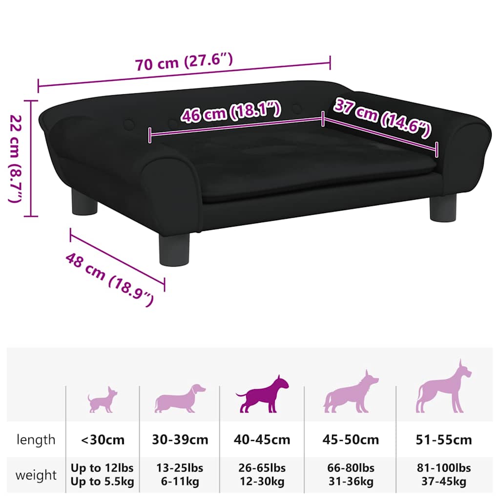 Cama para cães 70x48x22 cm veludo preto