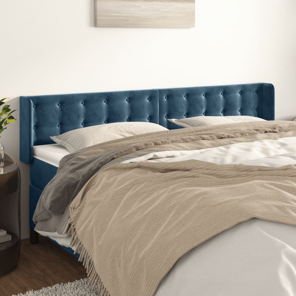 Cabeceira de cama c/ abas veludo 163x16x78/88cm azul-escuro