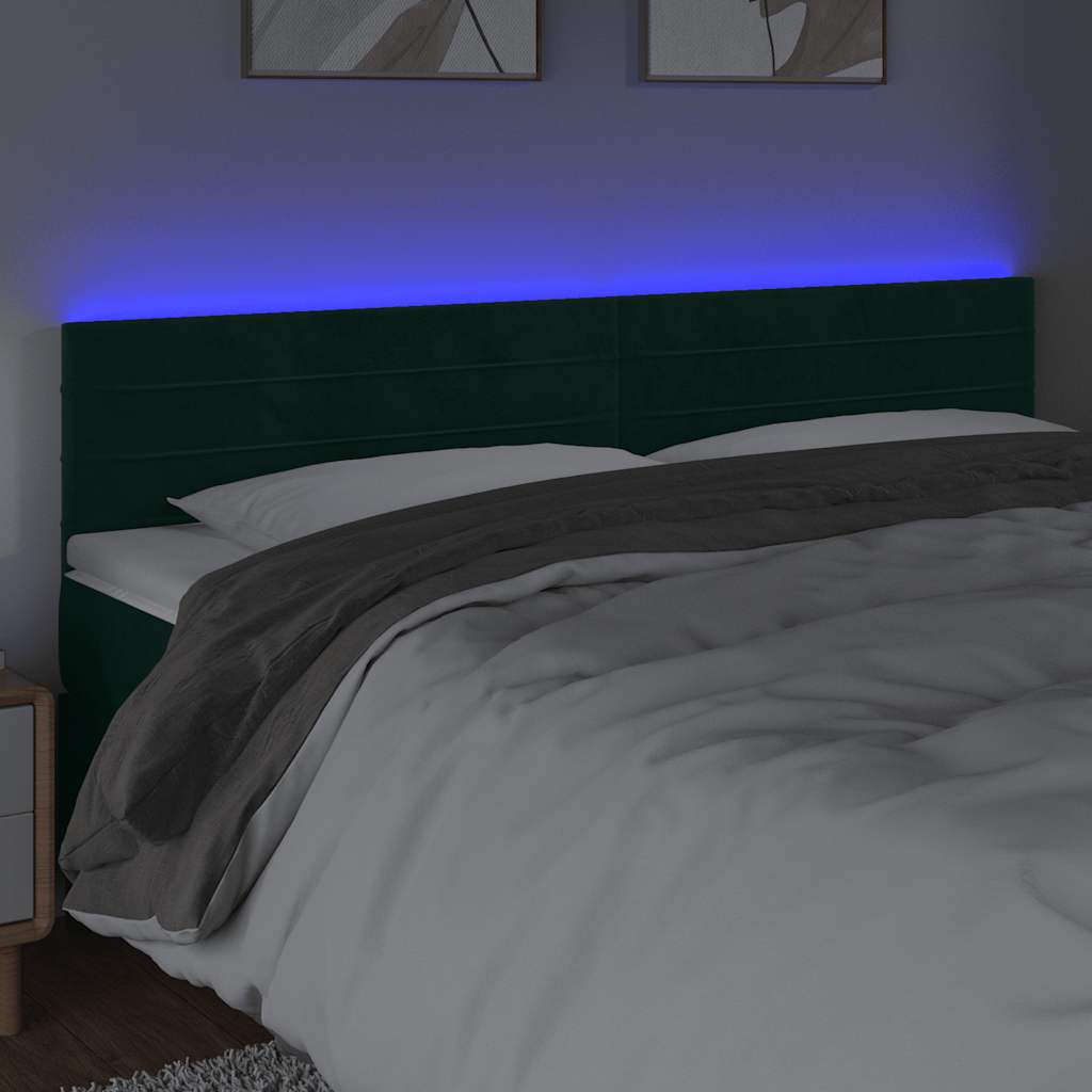 Cabeceira de cama c/luzes LED veludo 200x5x78/88cm verde-escuro