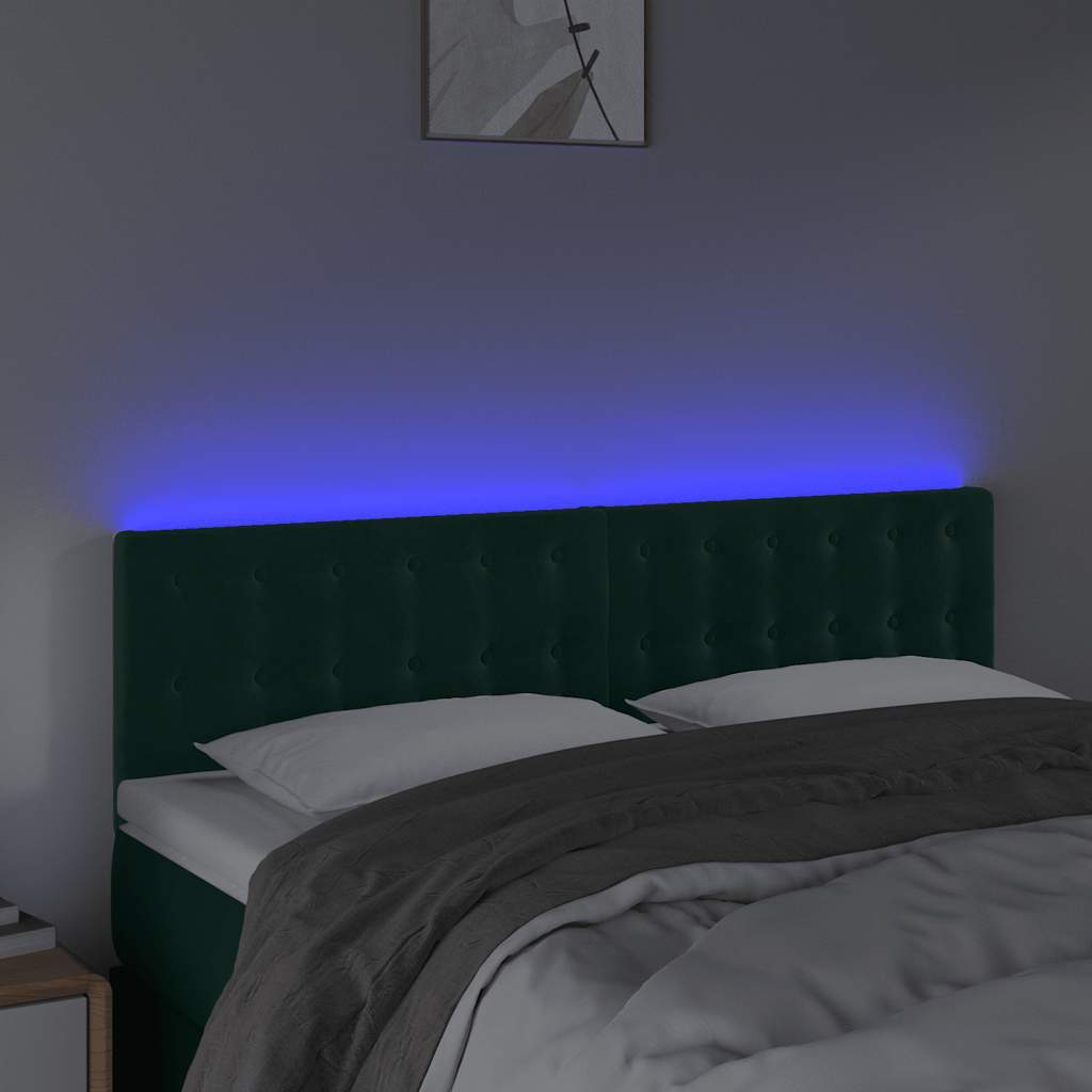 Cabeceira de cama c/luzes LED veludo 144x5x78/88cm verde-escuro