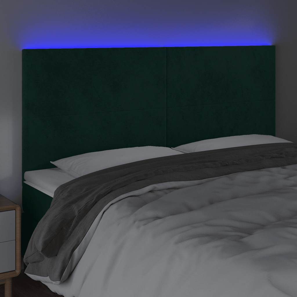 Cabeceira de cama c/ LED veludo 160x5x118/128 cm verde-escuro