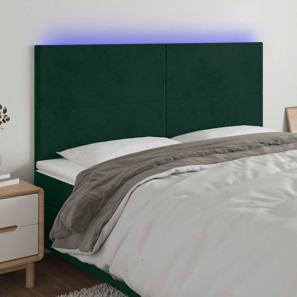 Cabeceira de cama c/ LED veludo 200x5x118/128 cm verde-escuro