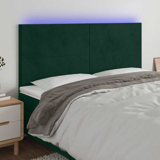 Cabeceira de cama c/ LED veludo 200x5x118/128 cm verde-escuro