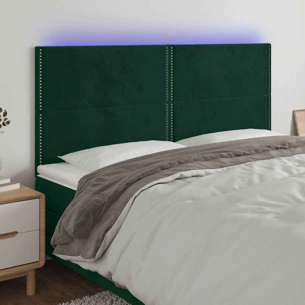 Cabeceira de cama c/ LED veludo 200x5x118/128 cm verde-escuro