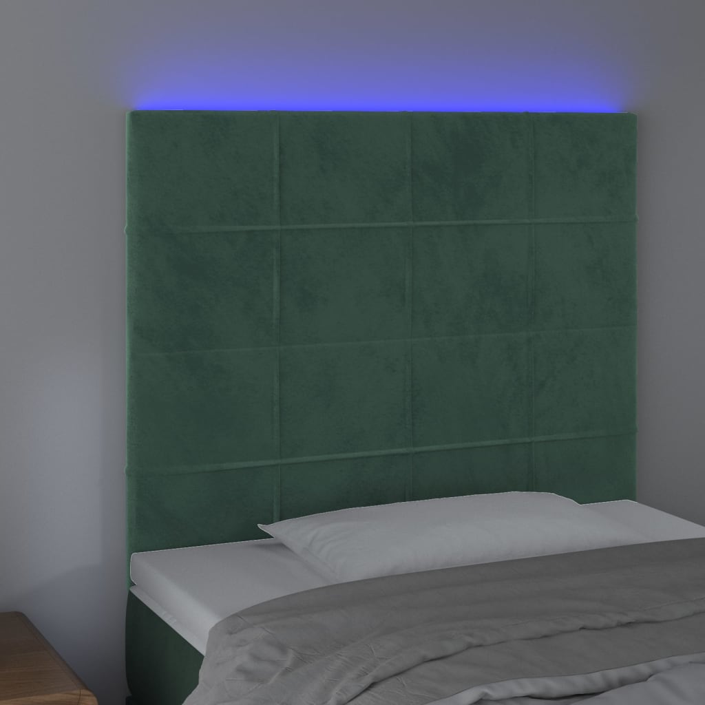 Cabeceira de cama c/ LED veludo 80x5x118/128 cm verde-escuro