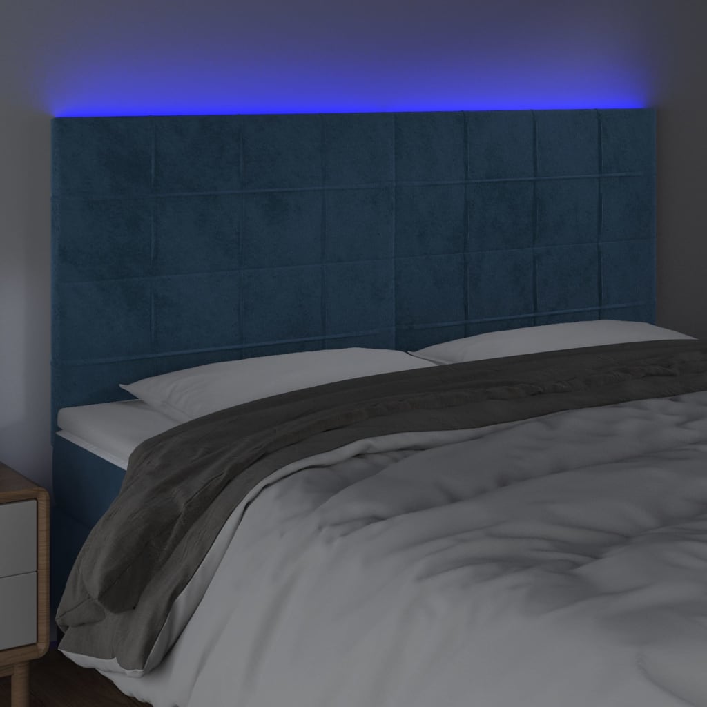 Cabeceira cama c/ luzes LED veludo 160x5x118/128cm azul-escuro