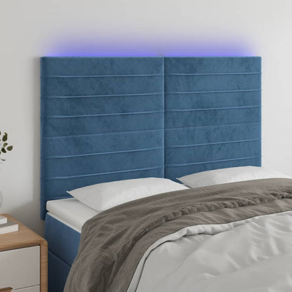 Cabeceira cama c/ luzes LED veludo 144x5x118/128cm azul-escuro