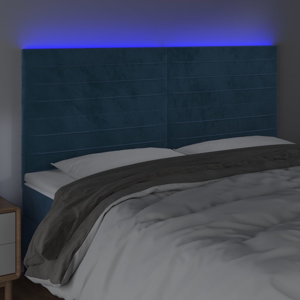 Cabeceira cama c/ luzes LED veludo 160x5x118/128cm azul-escuro