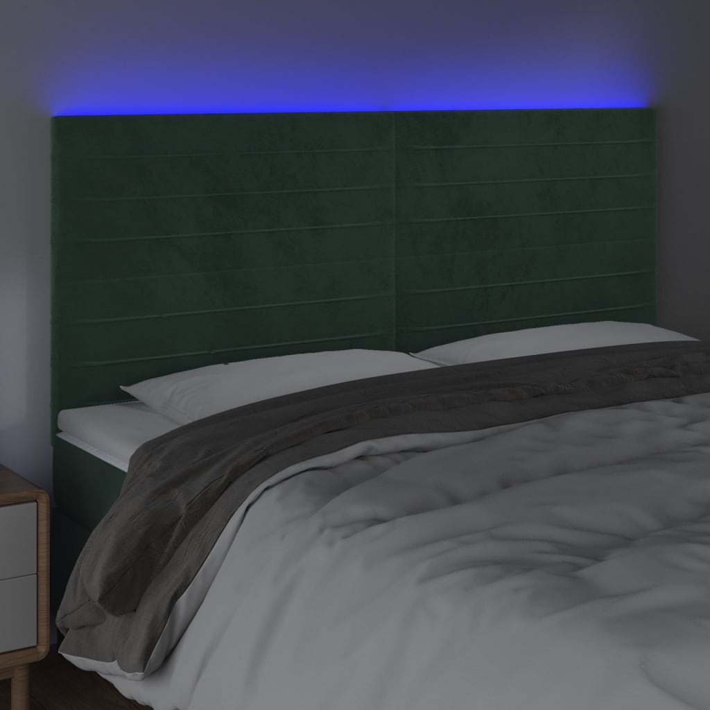 Cabeceira de cama c/ LED veludo 180x5x118/128 cm verde-escuro