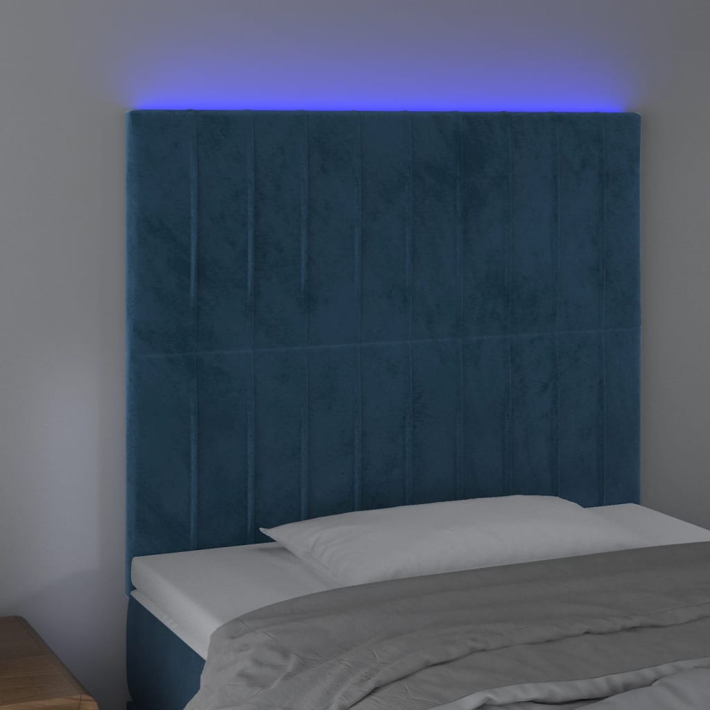 Cabeceira cama c/ luzes LED veludo 80x5x118/128cm azul-escuro