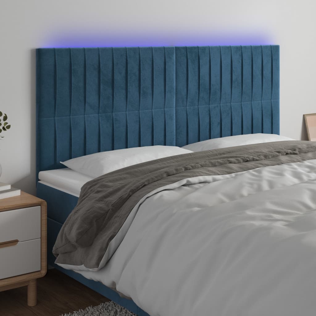 Cabeceira cama c/ luzes LED veludo 180x5x118/128cm azul-escuro