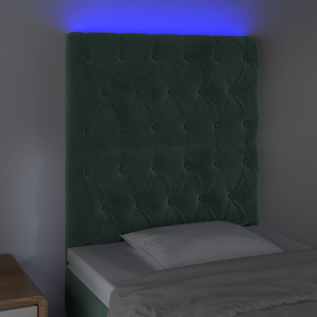 Cabeceira de cama c/ LED veludo 80x7x118/128 cm verde-escuro