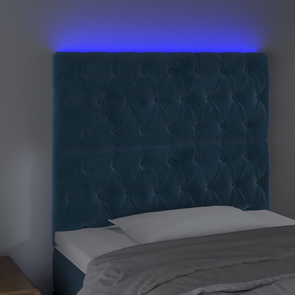 Cabeceira cama c/ luzes LED veludo 90x7x118/128cm azul-escuro