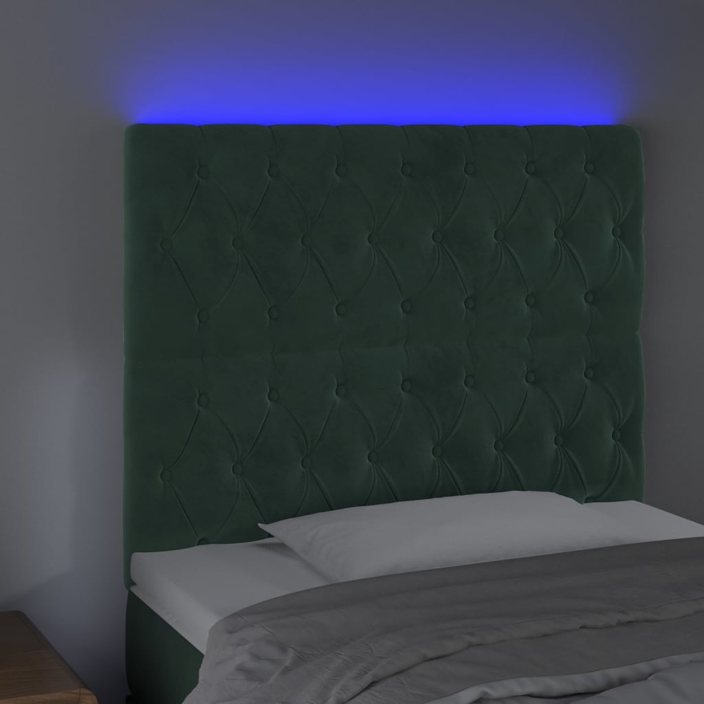 Cabeceira de cama c/ LED veludo 100x7x118/128 cm verde-escuro