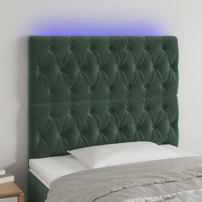 Cabeceira de cama c/ LED veludo 100x7x118/128 cm verde-escuro