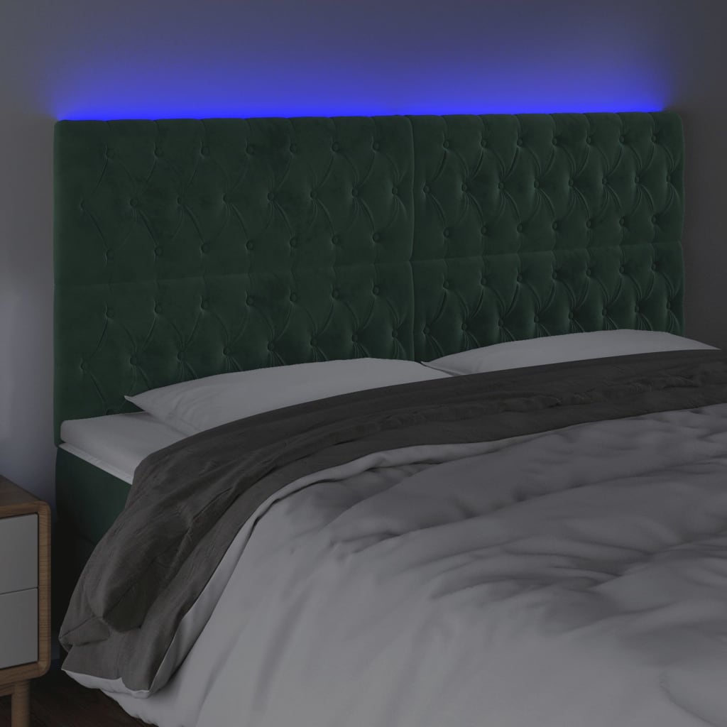 Cabeceira de cama c/ LED veludo 200x7x118/128 cm verde-escuro