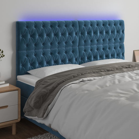 Cabeceira cama c/ luzes LED veludo 200x7x118/128cm azul-escuro