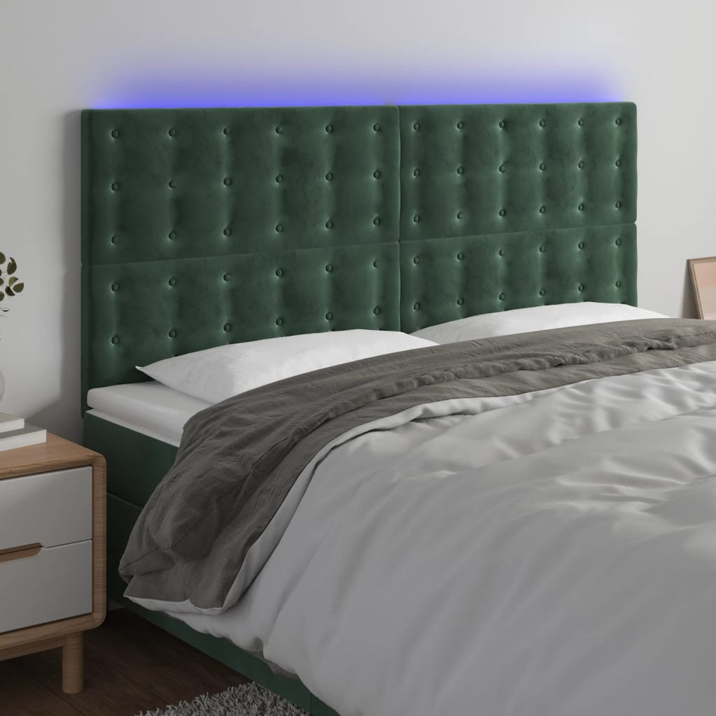 Cabeceira de cama c/ LED veludo 160x5x118/128 cm verde-escuro