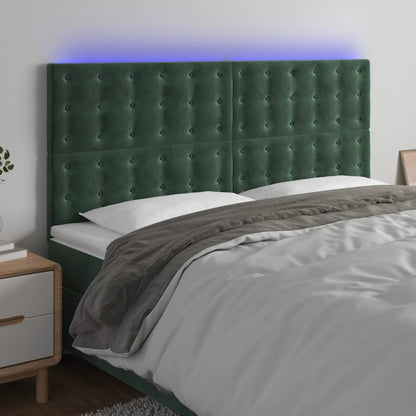 Cabeceira de cama c/ LED veludo 160x5x118/128 cm verde-escuro