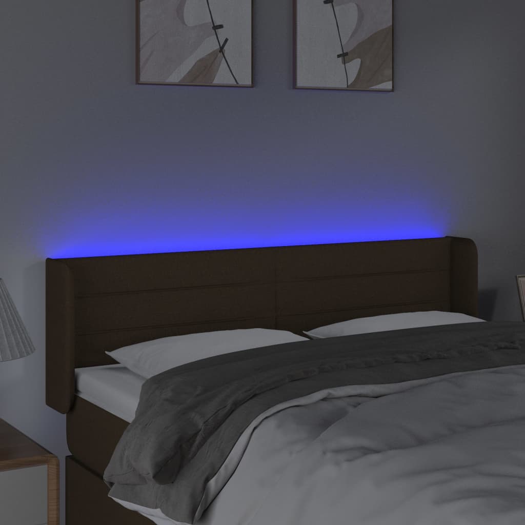 Cabeceira de cama c/ luzes LED tecido 147x16x78/88 cm castanho