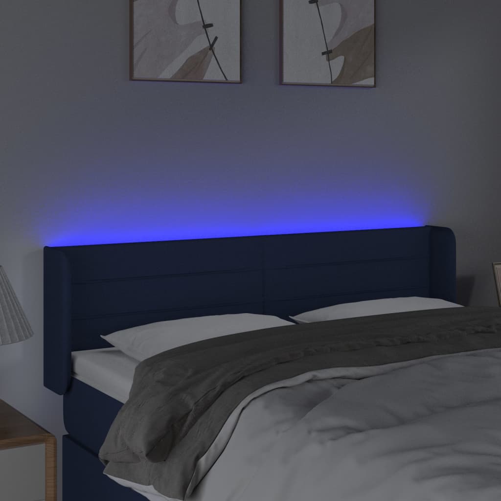 Cabeceira de cama c/ luzes LED tecido 147x16x78/88 cm azul