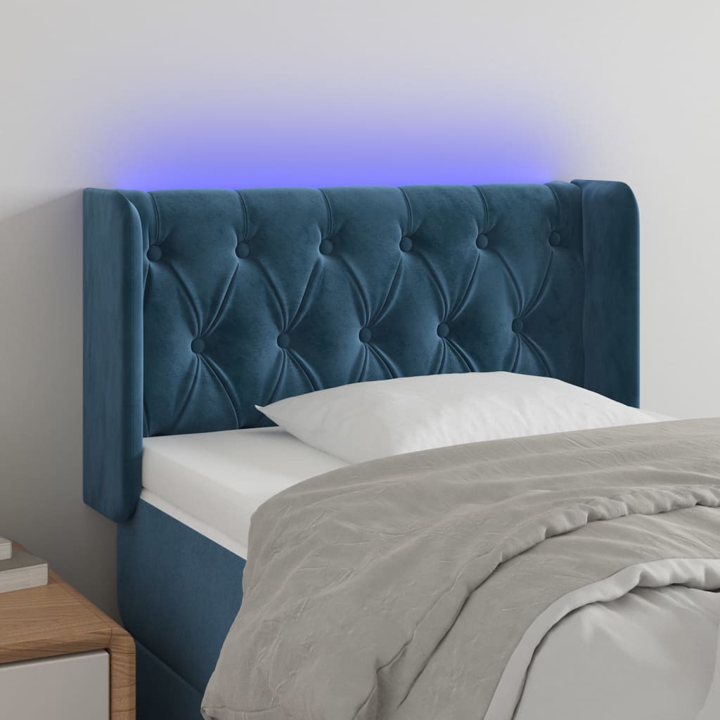 Cabeceira de cama c/ luzes LED veludo 83x16x78/88cm azul-escuro