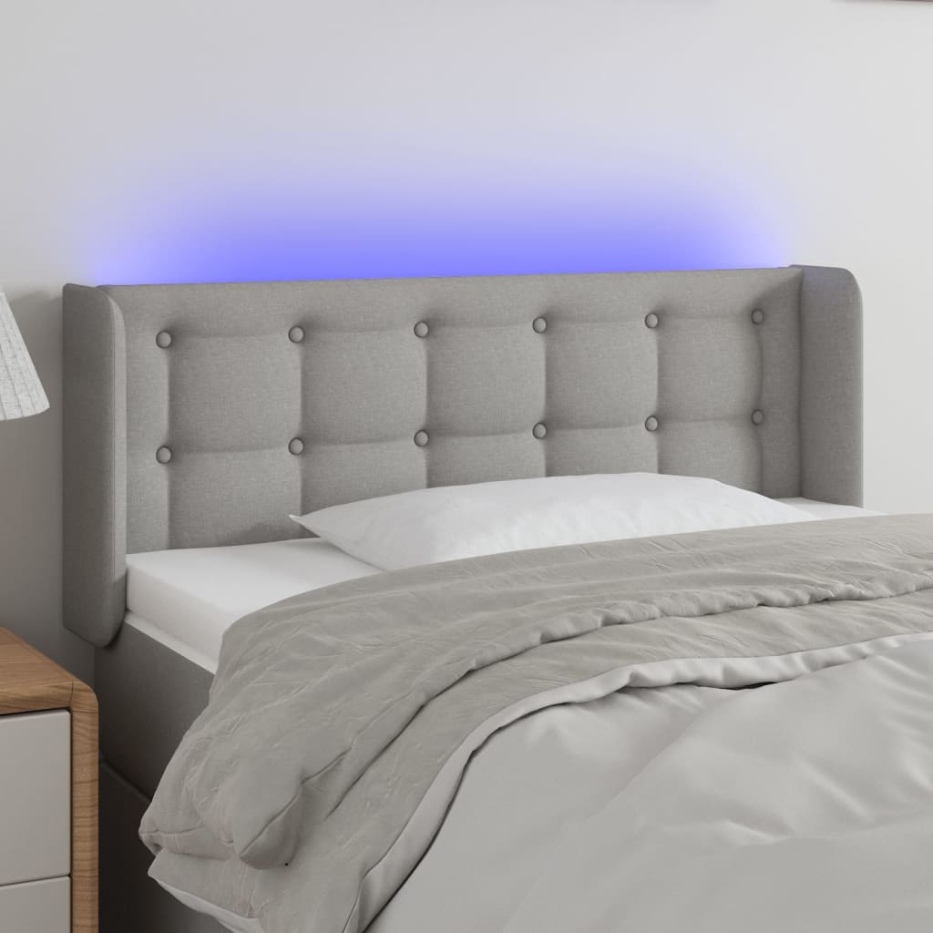 Cabeceira de cama c/ luzes LED tecido 93x16x78/88cm cinza-claro