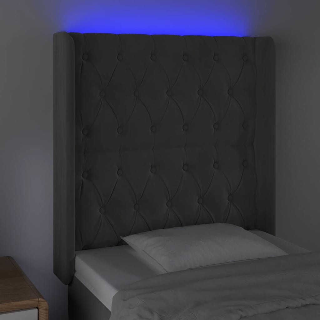 Cabeceira cama c/ luzes LED veludo 83x16x118/128cm cinza-escuro