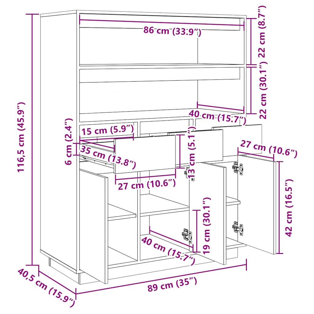 Aparador alto 89x40x116,5 cm pinho maciço castanho-mel