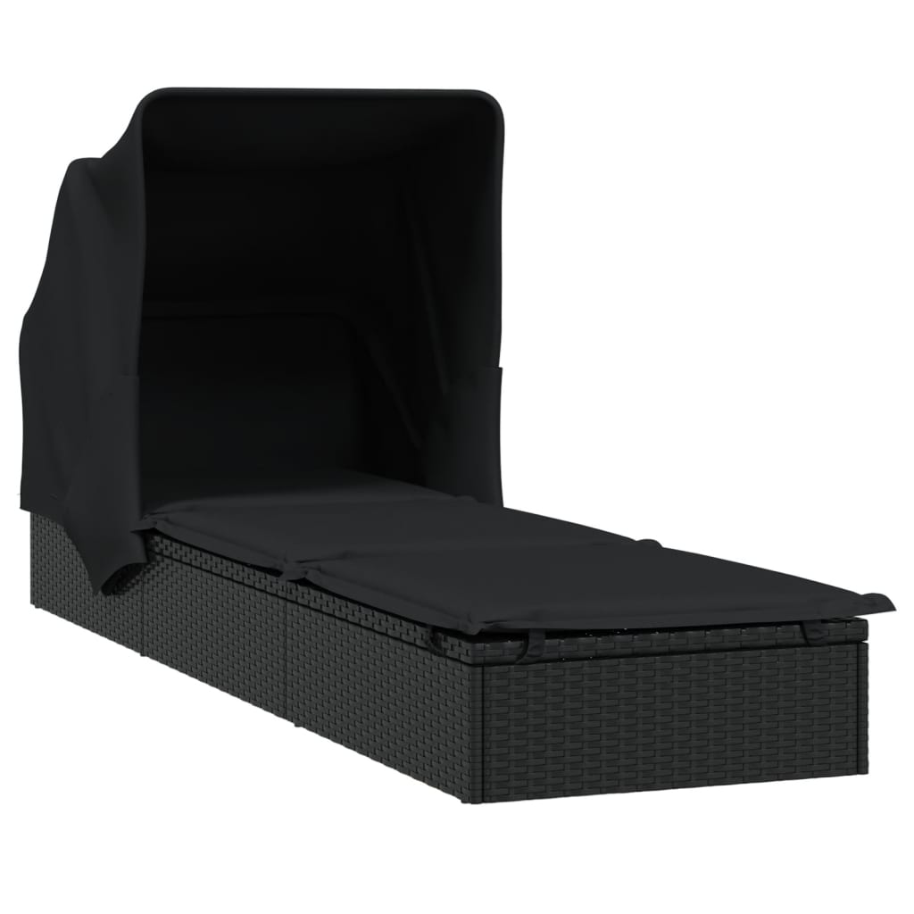 Espreguiçadeira c/ teto dobrável 213x63x97 cm vime PE preto