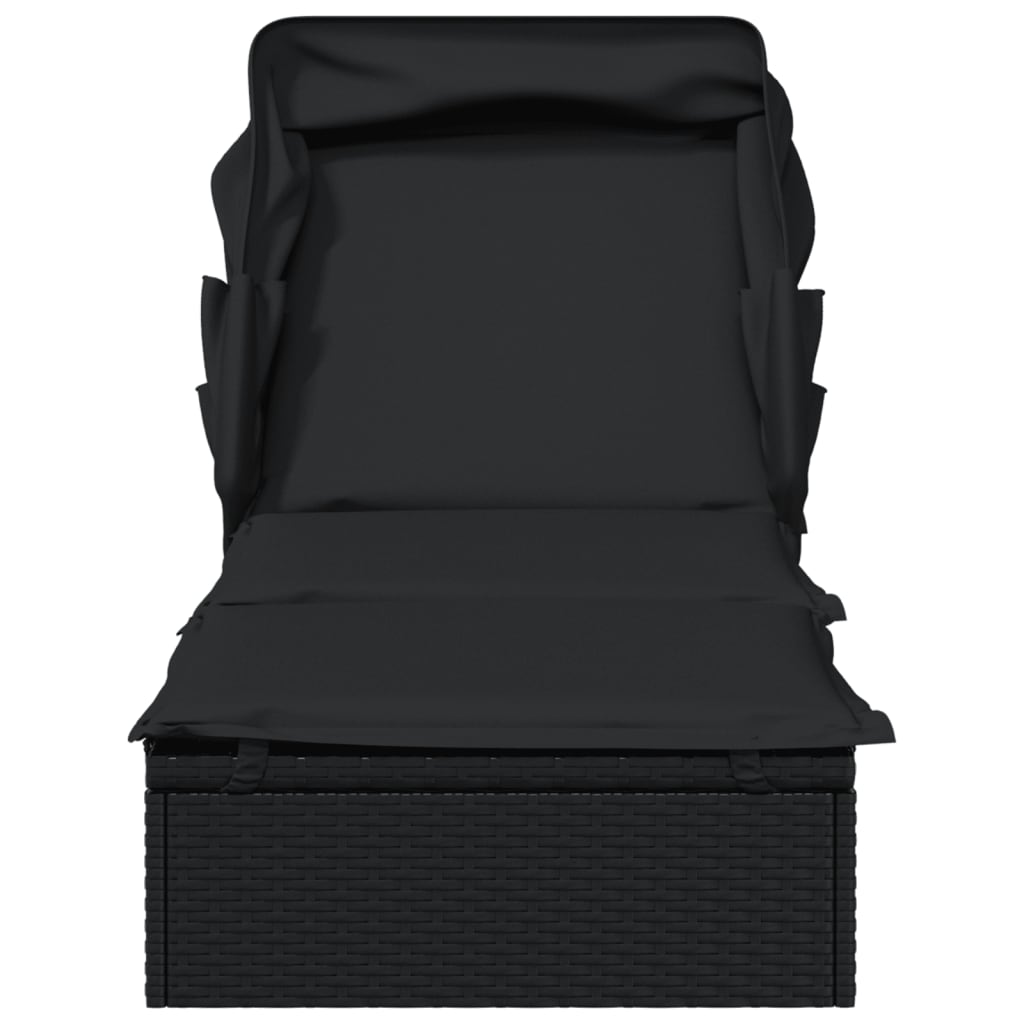Espreguiçadeira c/ teto dobrável 213x63x97 cm vime PE preto
