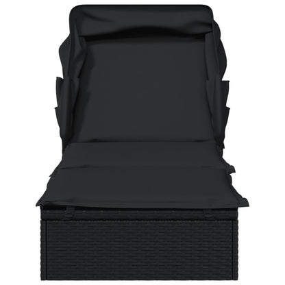Espreguiçadeira c/ teto dobrável 213x63x97 cm vime PE preto