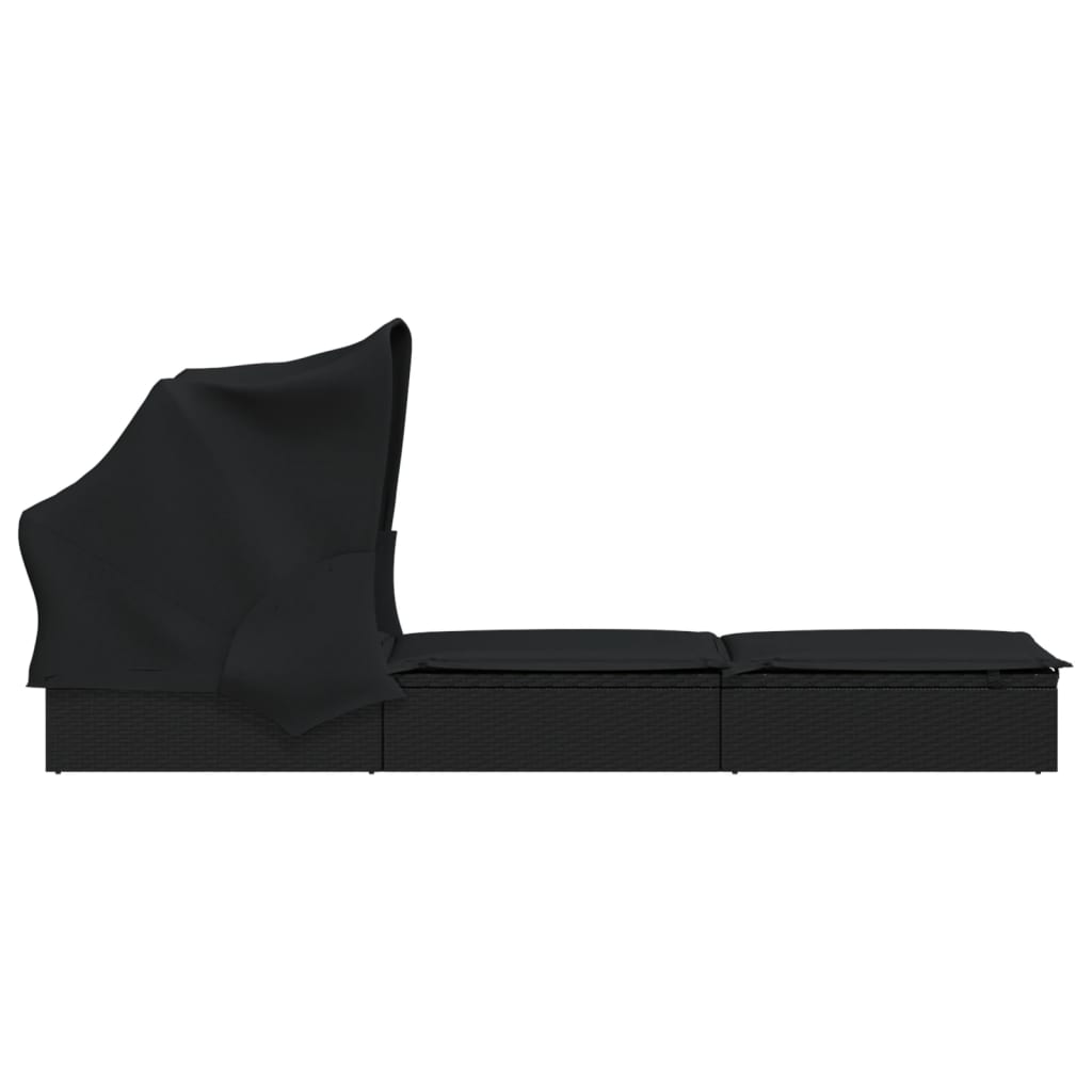 Espreguiçadeira c/ teto dobrável 213x63x97 cm vime PE preto