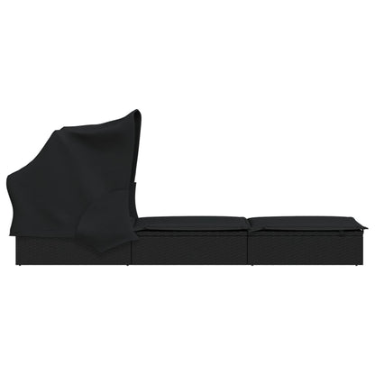 Espreguiçadeira c/ teto dobrável 213x63x97 cm vime PE preto