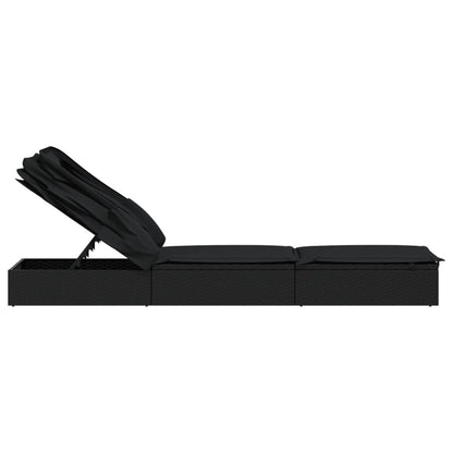 Espreguiçadeira c/ teto dobrável 213x63x97 cm vime PE preto