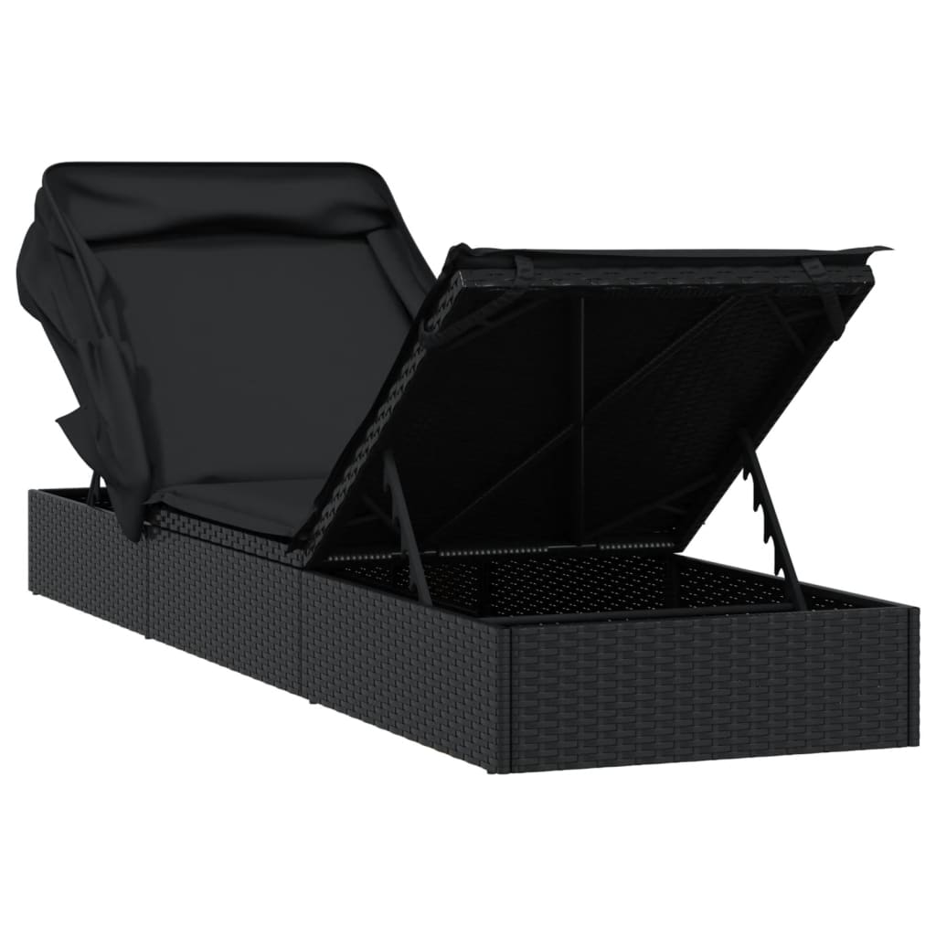 Espreguiçadeira c/ teto dobrável 213x63x97 cm vime PE preto