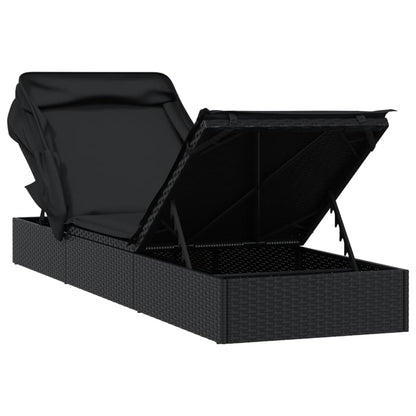 Espreguiçadeira c/ teto dobrável 213x63x97 cm vime PE preto