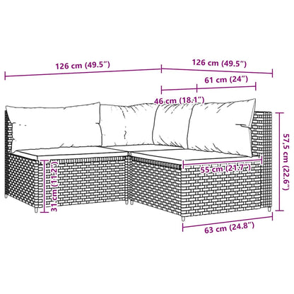 3 pcs conjunto lounge jardim c/ almofadões vime PE castanho