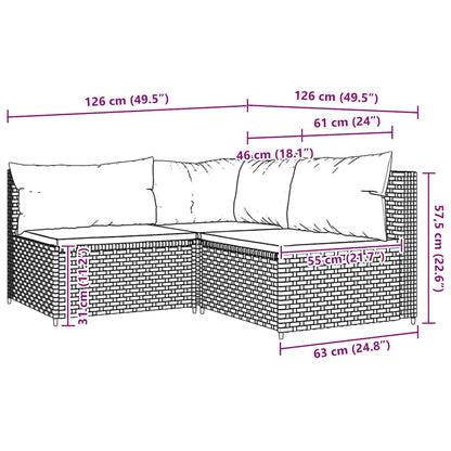 3 pcs conjunto lounge de jardim c/ almofadões vime PE cinzento